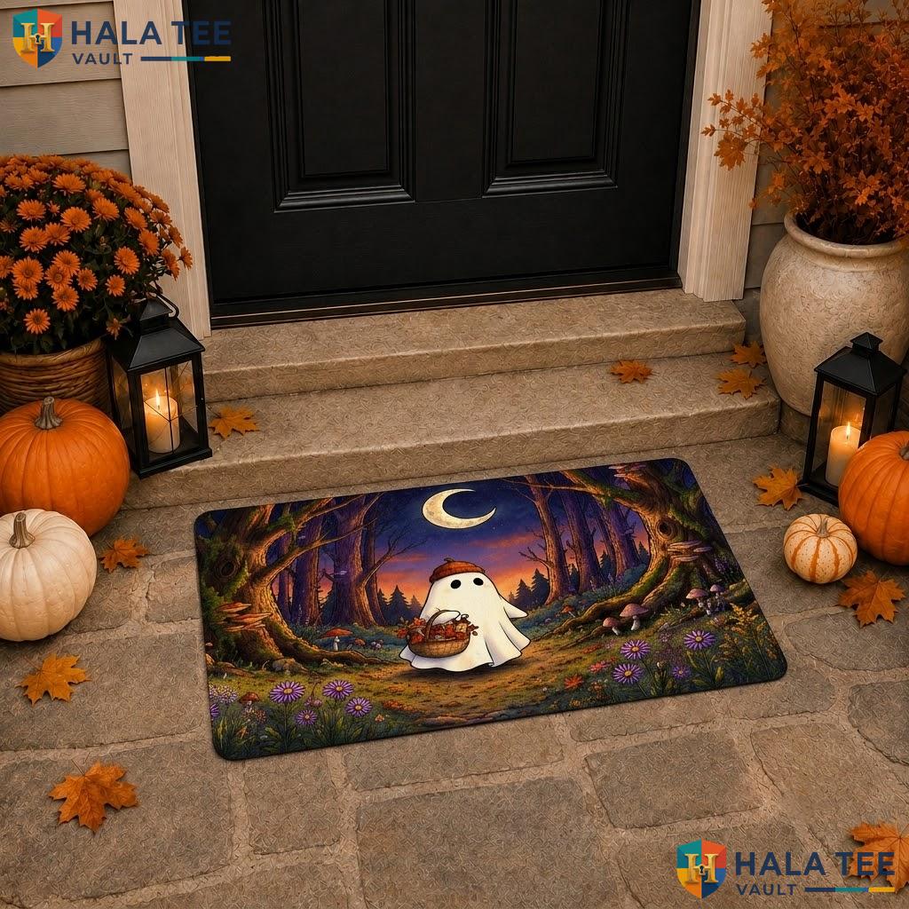Orange Cute Ghost Halloween Doormat Spooky Moon Autumn Forest Welcome Rug