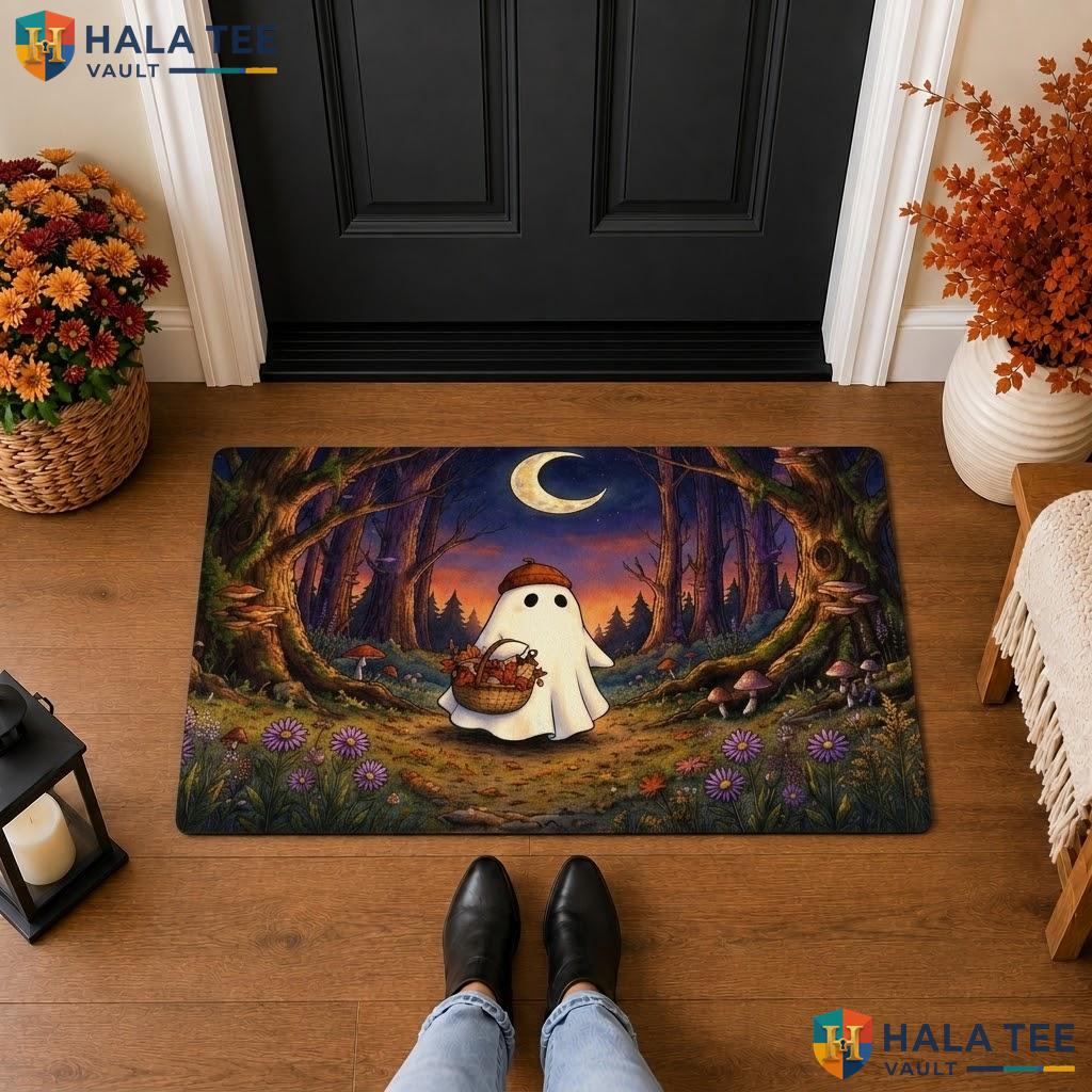 Orange Cute Ghost Halloween Front door mat Spooky Moon Autumn Forest Welcome Rug