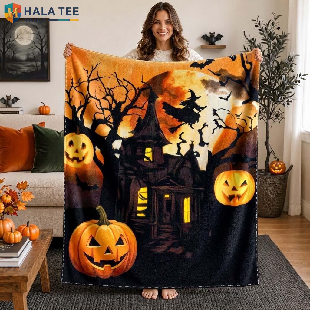 Orange Cute Witch Halloween Fleece Blanket Soft Plush Spooky Party Throw