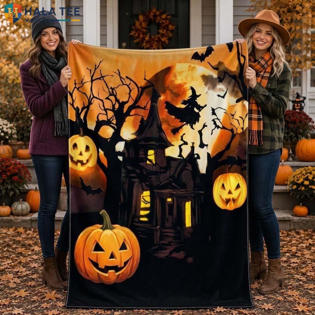 Orange Cute Witch Halloween Fleece Blanket Soft Plush Spooky Party Throw