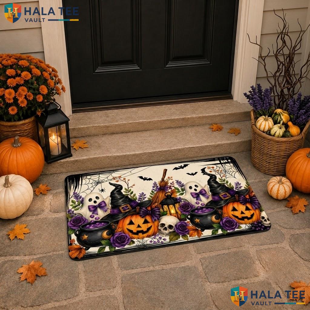 Orange Floral Ghost Halloween Doormat Scary Pumpkin Skull Spiderweb Rug