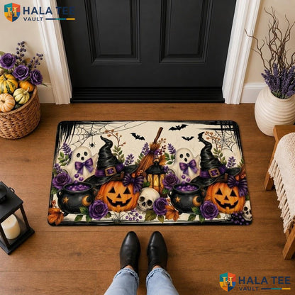 Orange Floral Ghost Halloween Front door mat Scary Pumpkin Skull Spiderweb Rug