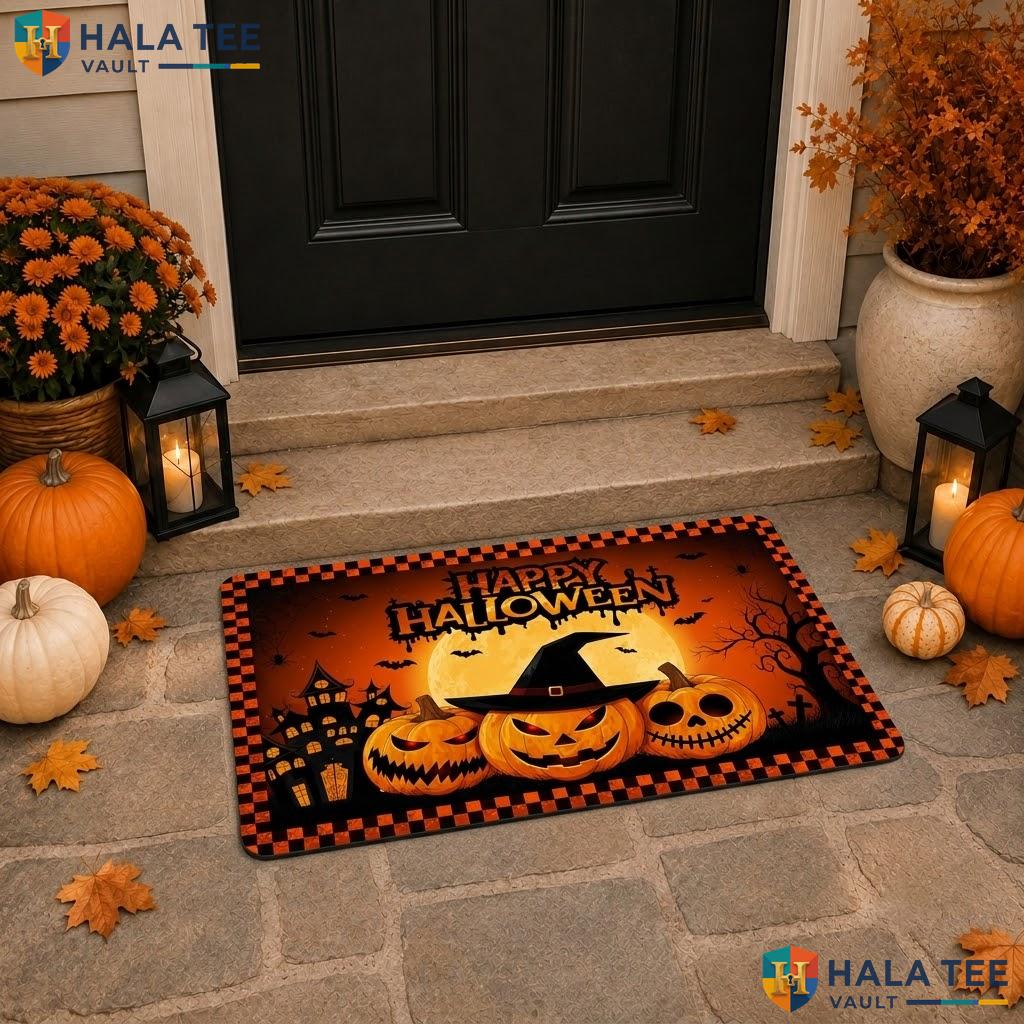Orange Grimace Bats Halloween Doormat Haunted Castle Plaid Welcome Porch Rug