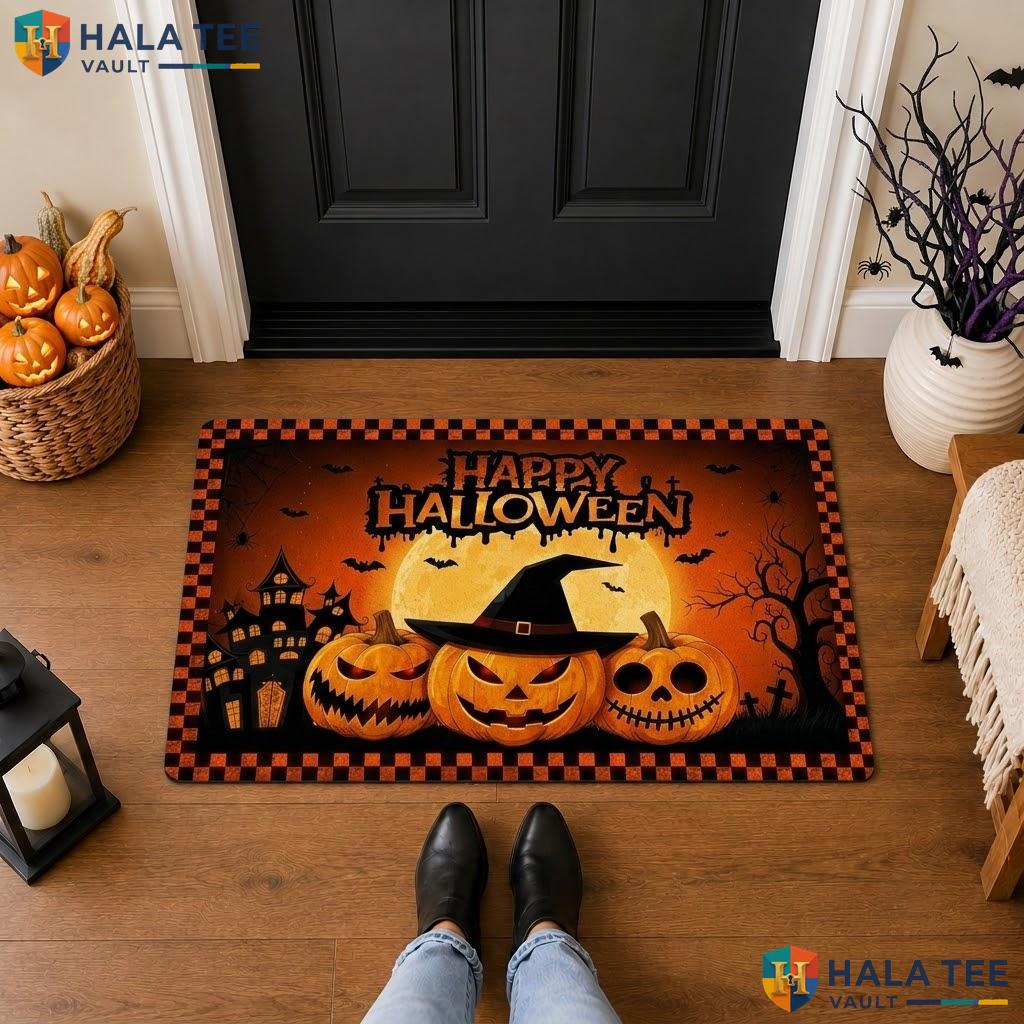 Orange Grimace Bats Halloween Front door mat Haunted Castle Plaid Welcome Porch Rug