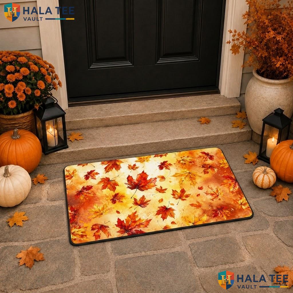 Orange Maple Leaf Halloween Doormat Trick Or Treat Front Porch Floor Rug
