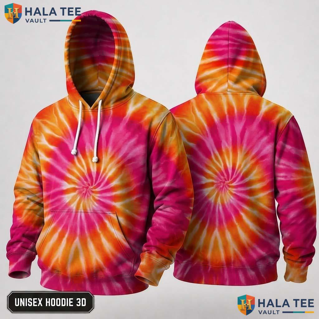 Orange Pink Tie Dye Hoodie Mens Unisex Rainbow Graphic Art Pullover