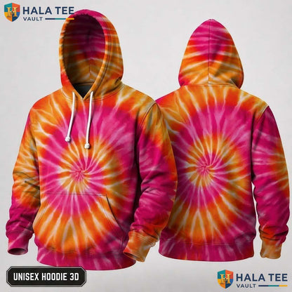 Orange Pink Tie Dye Hoodie Mens Unisex Rainbow Graphic Art Pullover