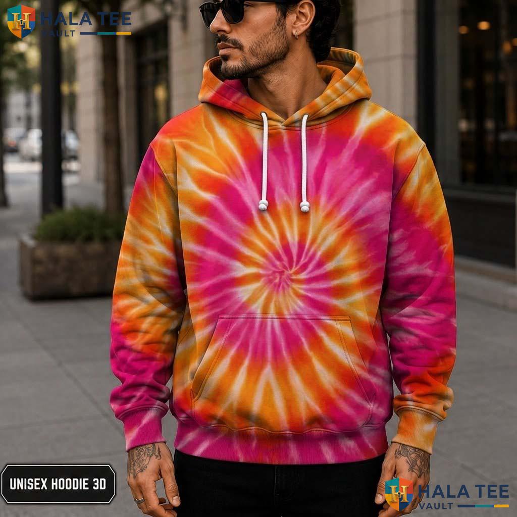 Orange Pink Tie Dye Hoodie Mens Unisex Rainbow Graphic Art Pullover 3D Printed Hoodie