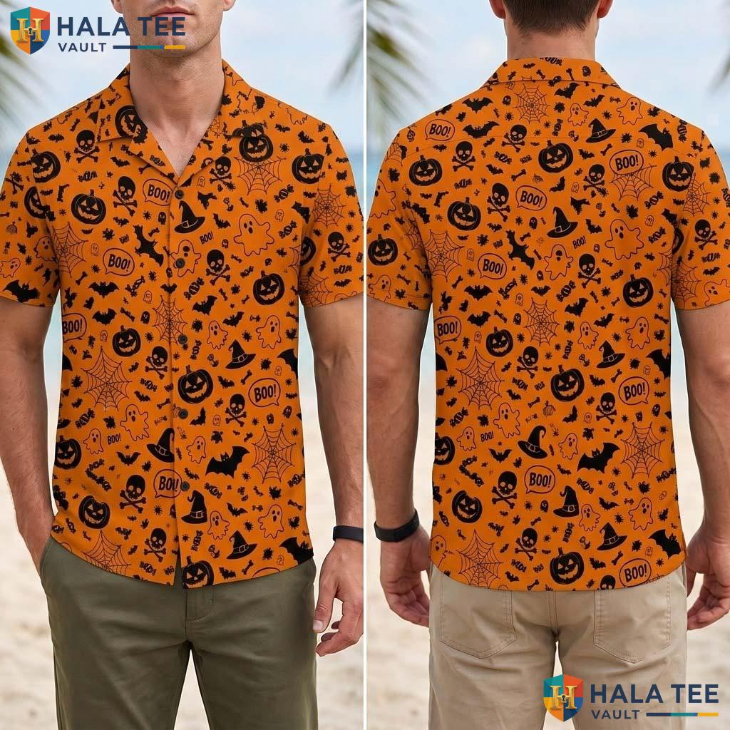 Orange Pumpkin Halloween Hawaiian Shirt Spooky Ghost Fall Aloha Top Adult