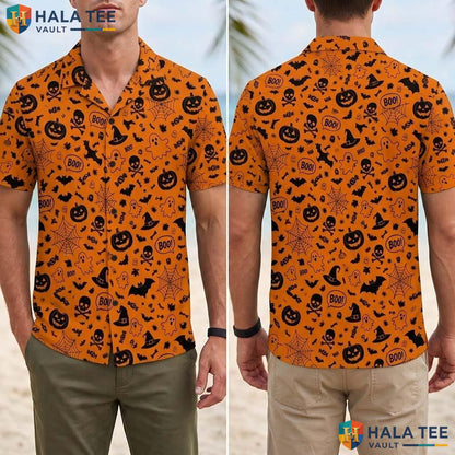 Orange Pumpkin Halloween Hawaiian Shirt Spooky Ghost Fall Aloha Top Adult