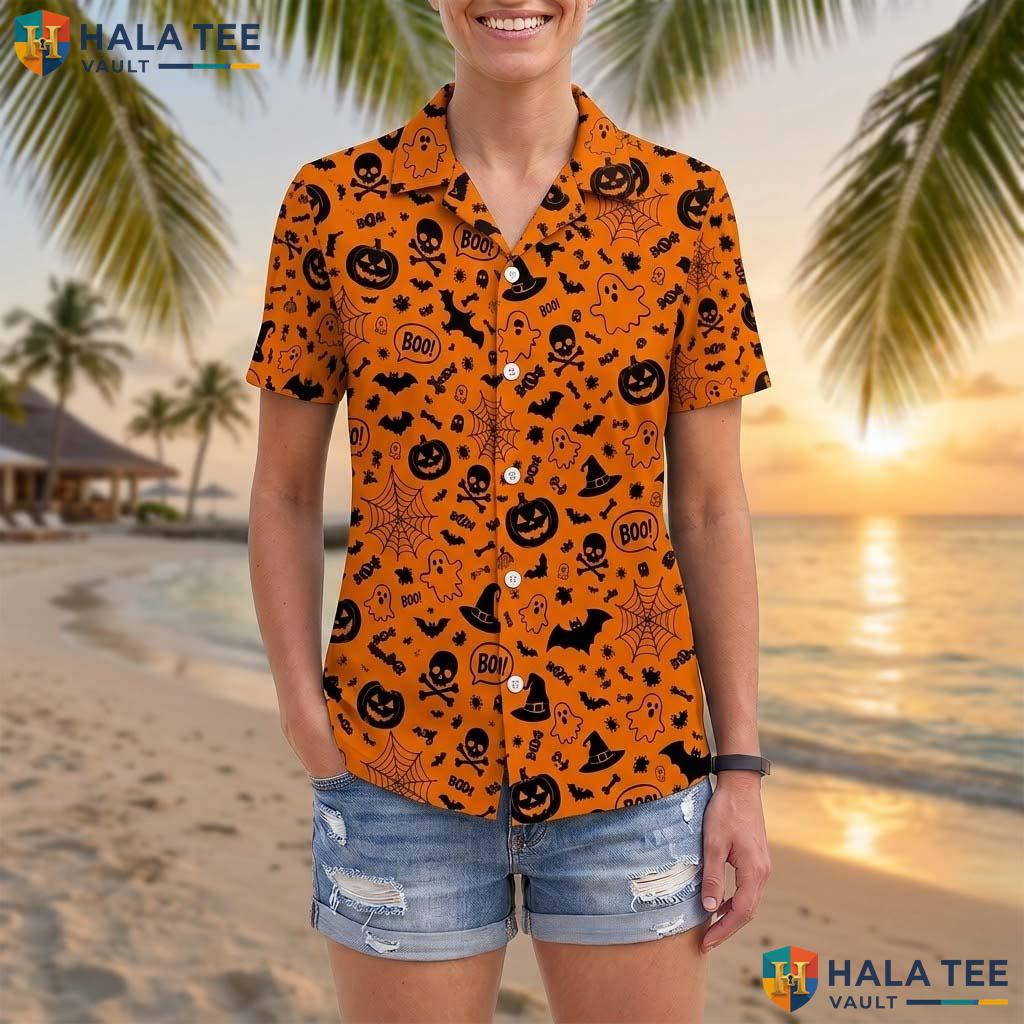 Orange Pumpkin Halloween Hawaiian Shirt Spooky Ghost Fall Aloha Top Adult