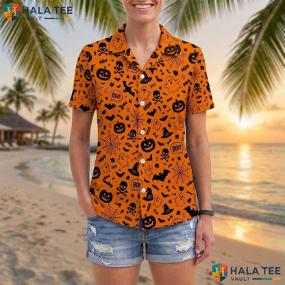 Orange Pumpkin Halloween Hawaiian Shirt Spooky Ghost Fall Aloha Top Adult