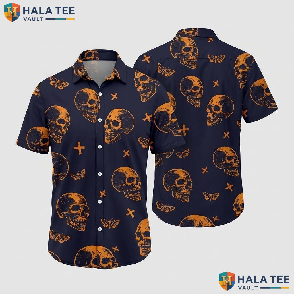 Orange Skull Funny Hawaiian Shirt Mens Crazy Graphic Vacation Apparel