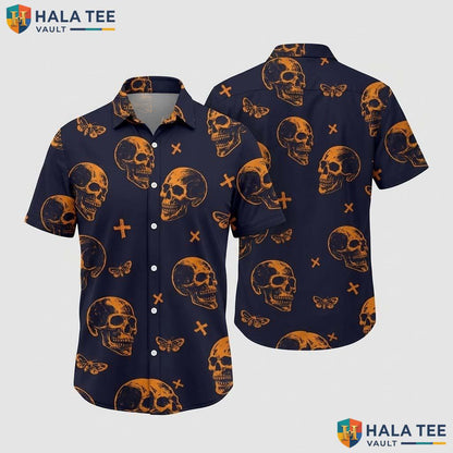 Orange Skull Funny Hawaiian Shirt Mens Crazy Graphic Vacation Apparel