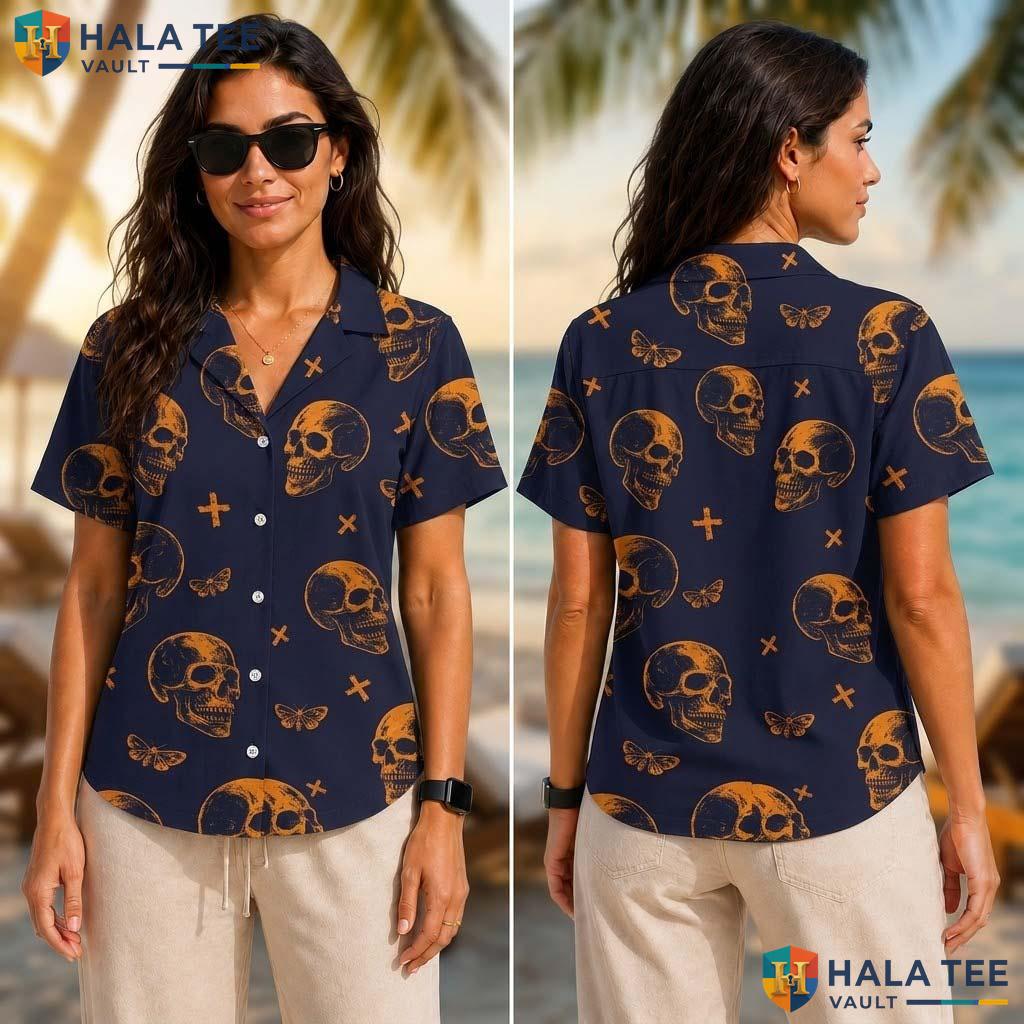 Orange Skull Funny Tropical Shirt Mens Crazy Graphic Vacation Apparel