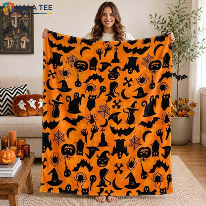 Orange Spooky Bats Halloween Fleece Blanket Soft Cozy Flannel Party Throw