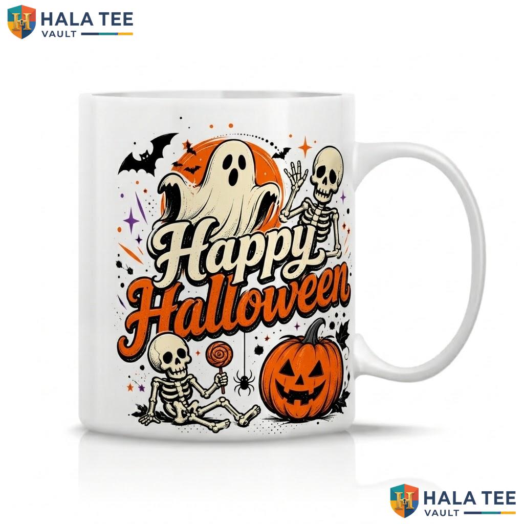 Orange Spooky Skeleton Halloween Mug Happy Ghost Pumpkin Ceramic Coffee Cup