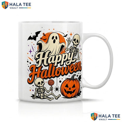 Orange Spooky Skeleton Halloween Mug Happy Ghost Pumpkin Ceramic Coffee Cup