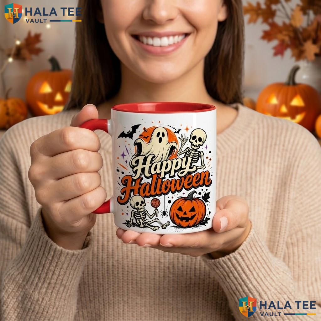 Orange Spooky Skeleton Halloween Mug Happy Ghost Pumpkin Ceramic Coffee Camping Mug