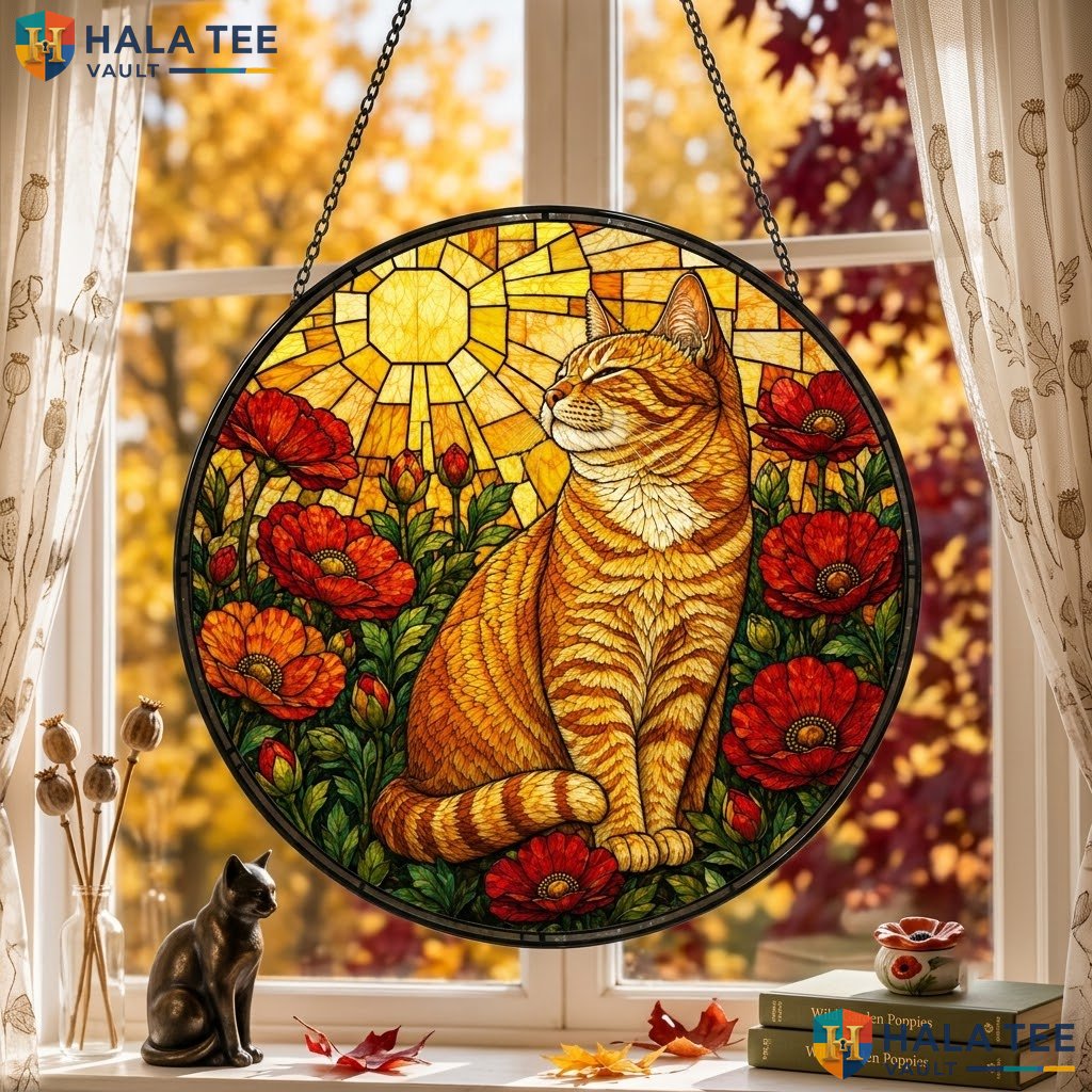 Orange Tabby Cat Halloween Stained Glass Suncatcher Autumn Poppy Home Window