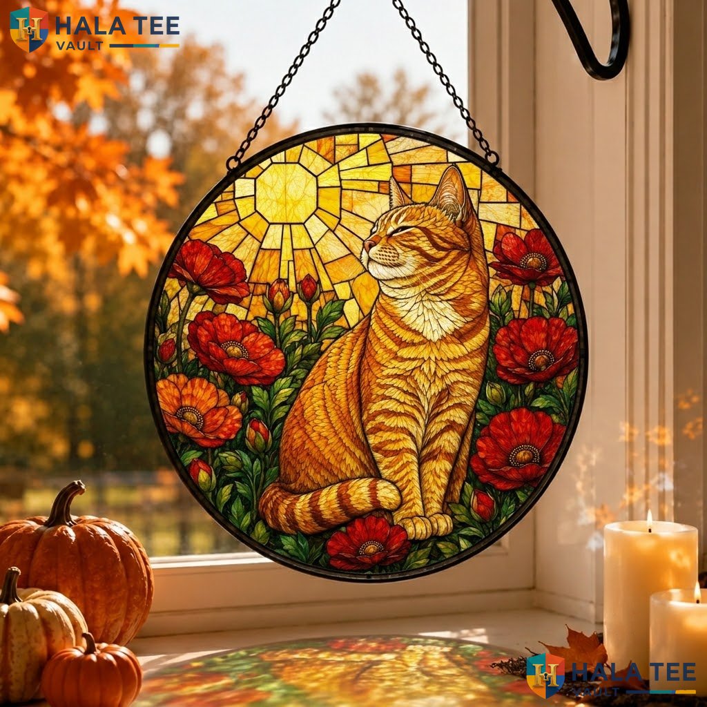 Orange Tabby Cat Halloween Stained Glass Suncatcher Autumn Poppy Home Window Adult