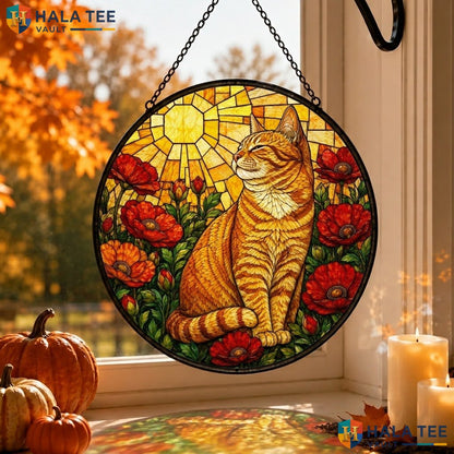Orange Tabby Cat Halloween Stained Glass Suncatcher Autumn Poppy Home Window Adult