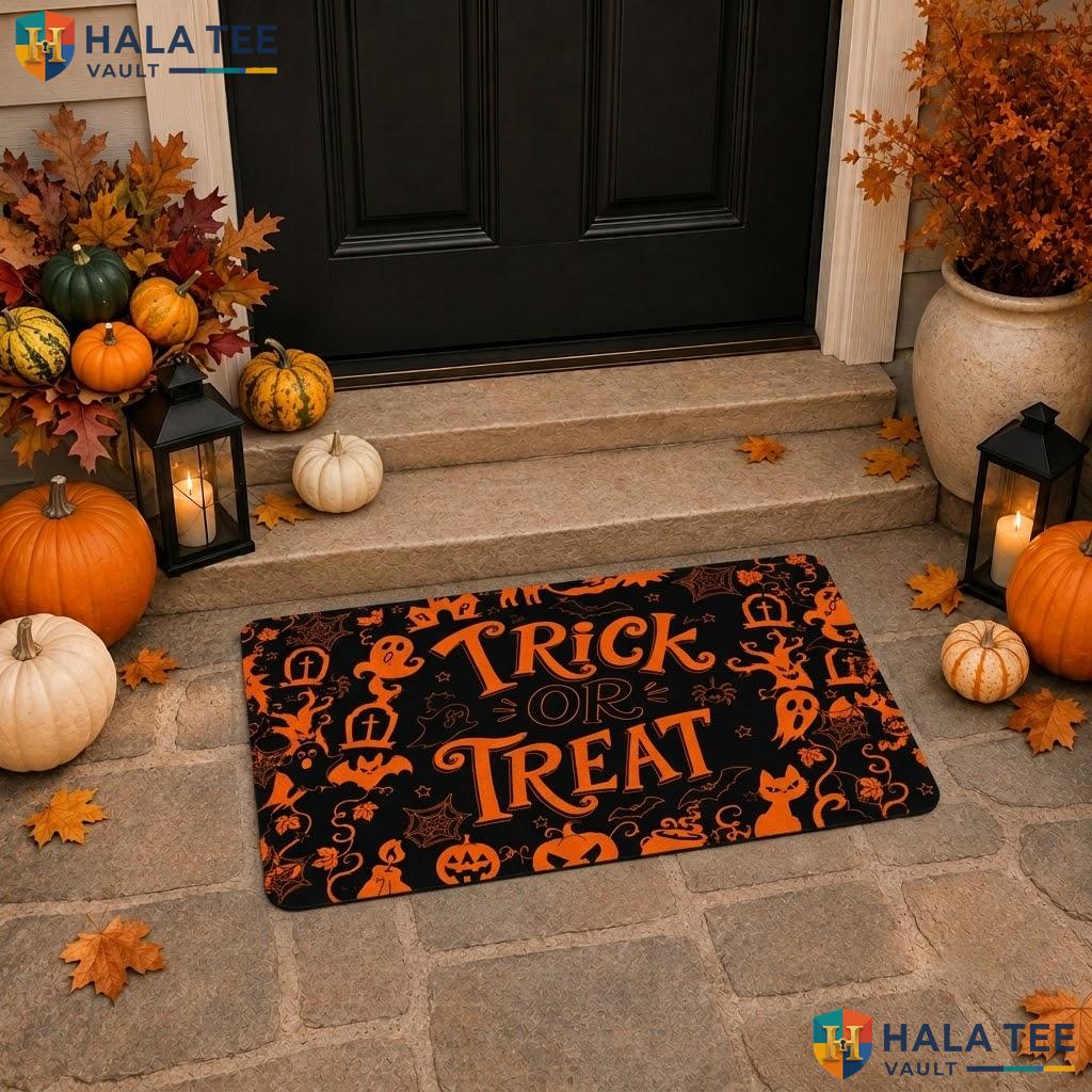 Orange Trick Treat Halloween Doormat Bat Ghost Cat Pumpkin Welcome Porch Rug