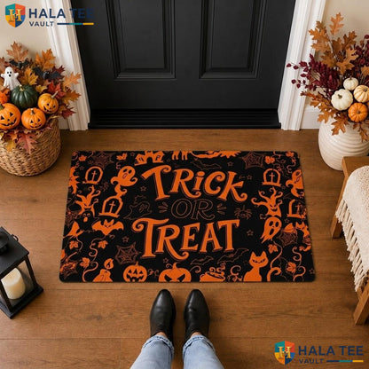 Orange Trick Treat Halloween Front door mat Bat Ghost Cat Pumpkin Welcome Porch Rug