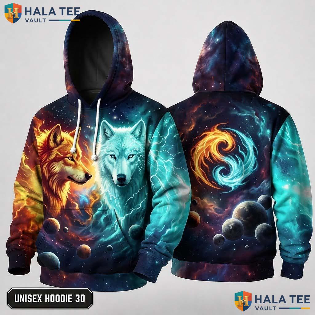Orange White Cosmic Wolf 3D Hoodie Vintage Vibrant Graphic Pullover