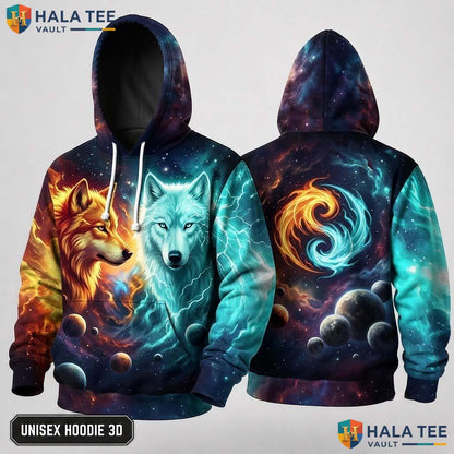 Orange White Cosmic Wolf 3D Hoodie Vintage Vibrant Graphic Pullover