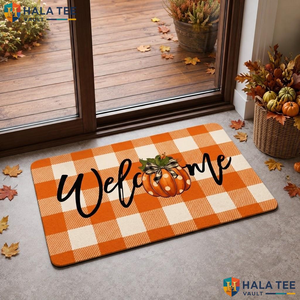 Orange White Halloween Doormat Set Ghost Welcome Buffalo Plaid Entryway Rug