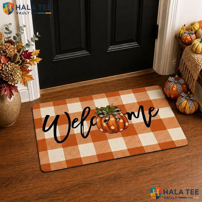 Orange White Halloween Front door mat Set Ghost Welcome Buffalo Plaid Entryway Rug