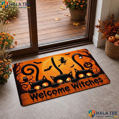 Orange Witches Bats Halloween Doormat Funny Cats Welcome Rug Front Porch