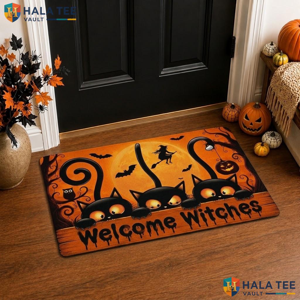 Orange Witches Bats Halloween Front door mat Funny Cats Welcome Rug Front Porch
