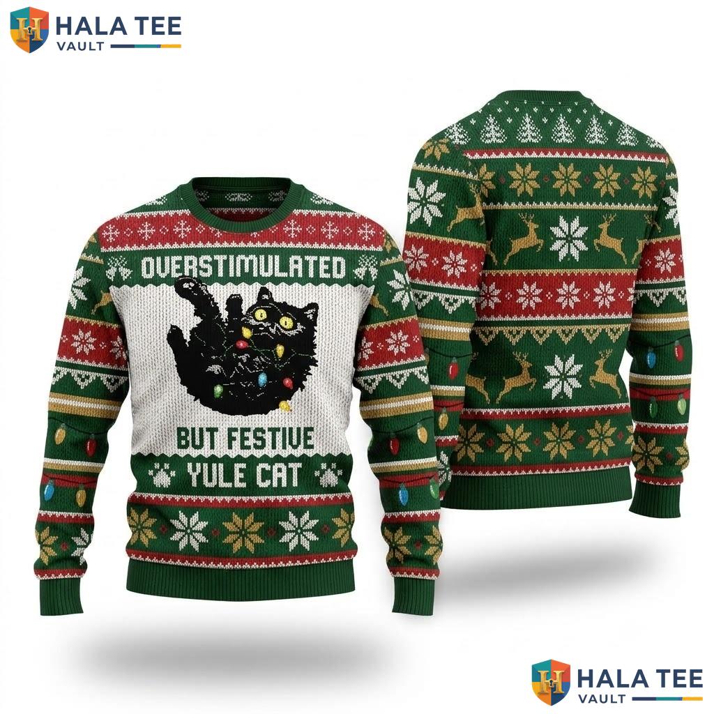 Overstimulated Yule Cat Ugly Xmas Sweater Printed Lights Funny Graphic