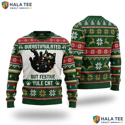 Overstimulated Yule Cat Ugly Xmas Sweater Printed Lights Funny Graphic