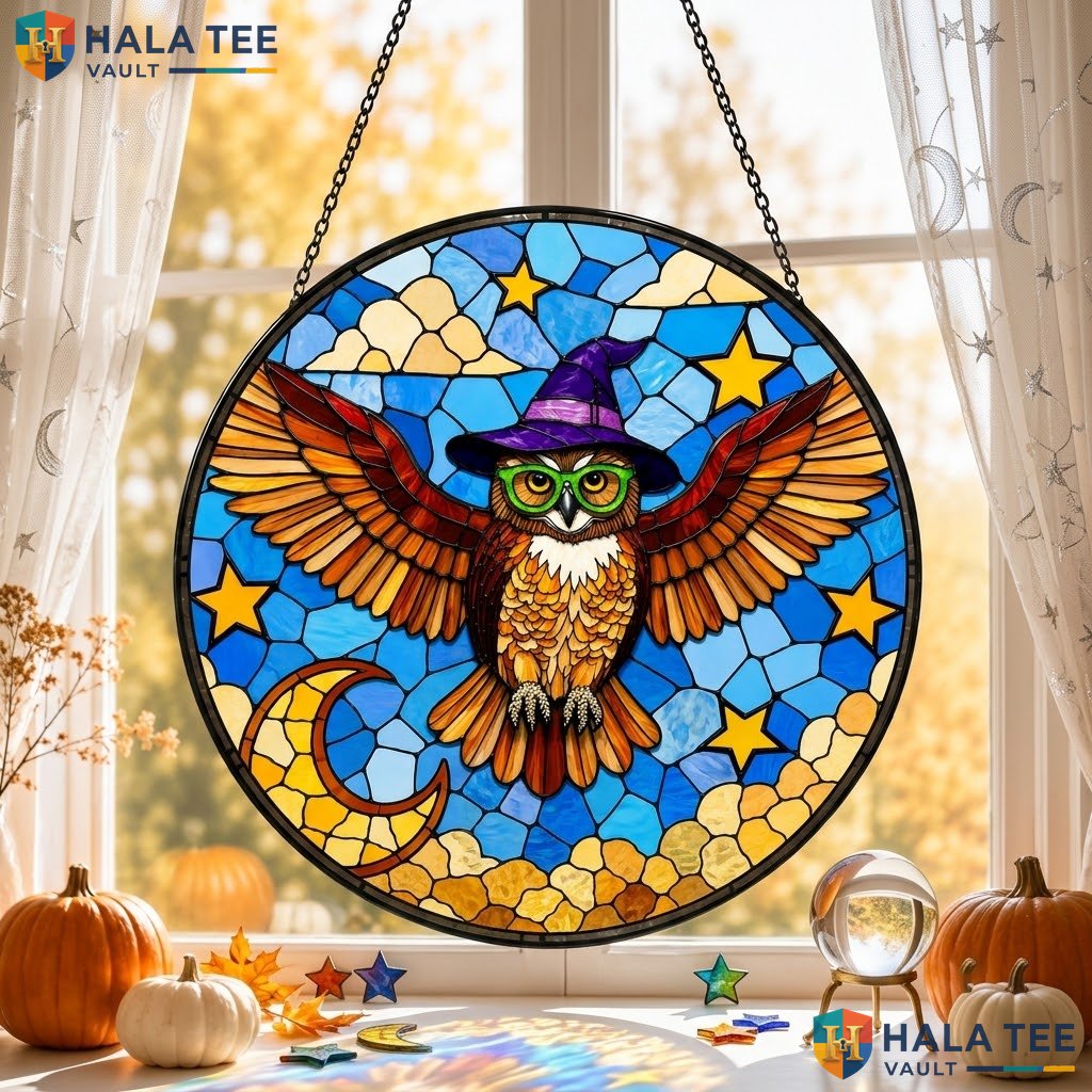 Owl Witch Halloween Stained Glass Suncatcher Magical Bird Wall Art Gift Her