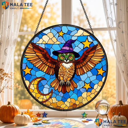 Owl Witch Halloween Stained Glass Suncatcher Magical Bird Wall Art Gift Her