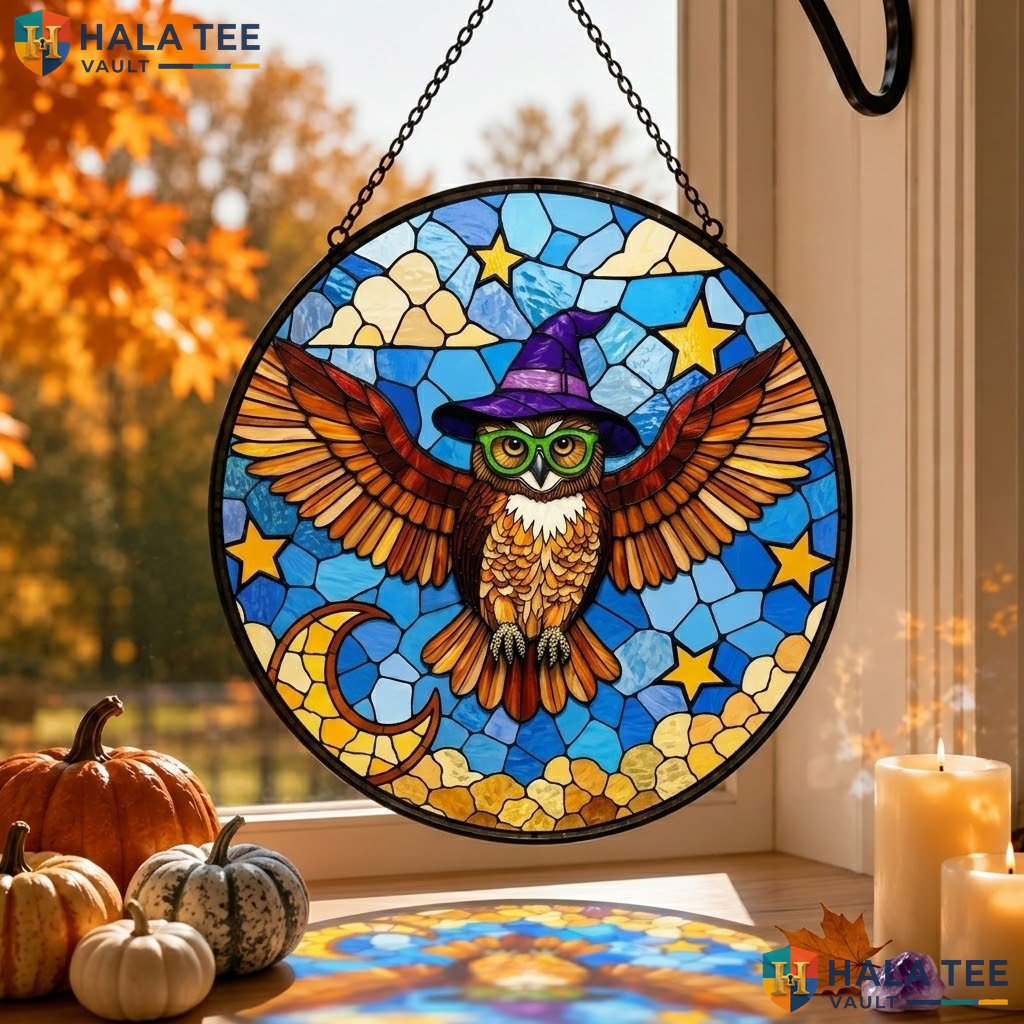Owl Witch Halloween Stained Glass Suncatcher Magical Bird Wall Art Gift Her Adult