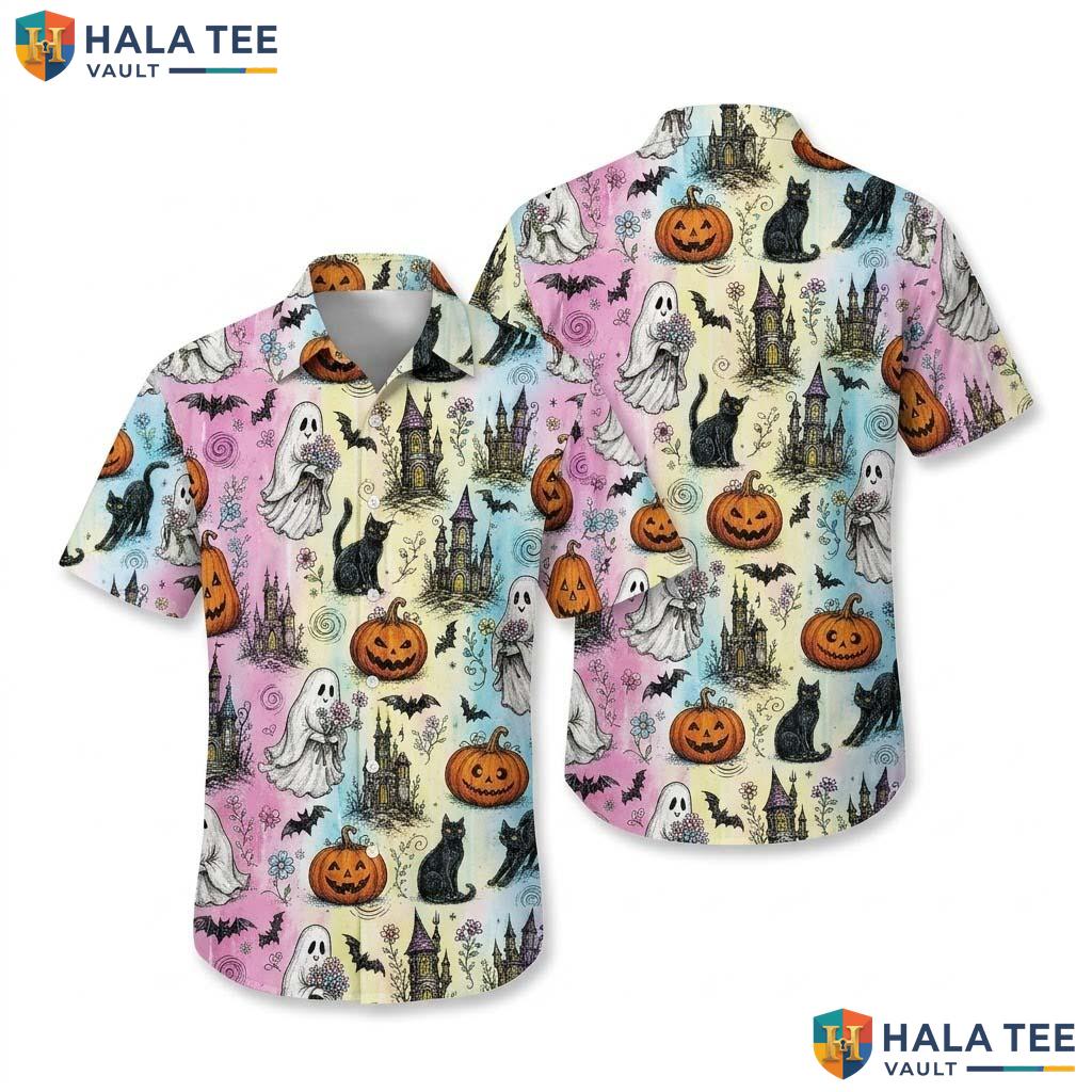 Pastel Castle Halloween Hawaiian Shirt Cute Spooky Pumpkin Cat Top