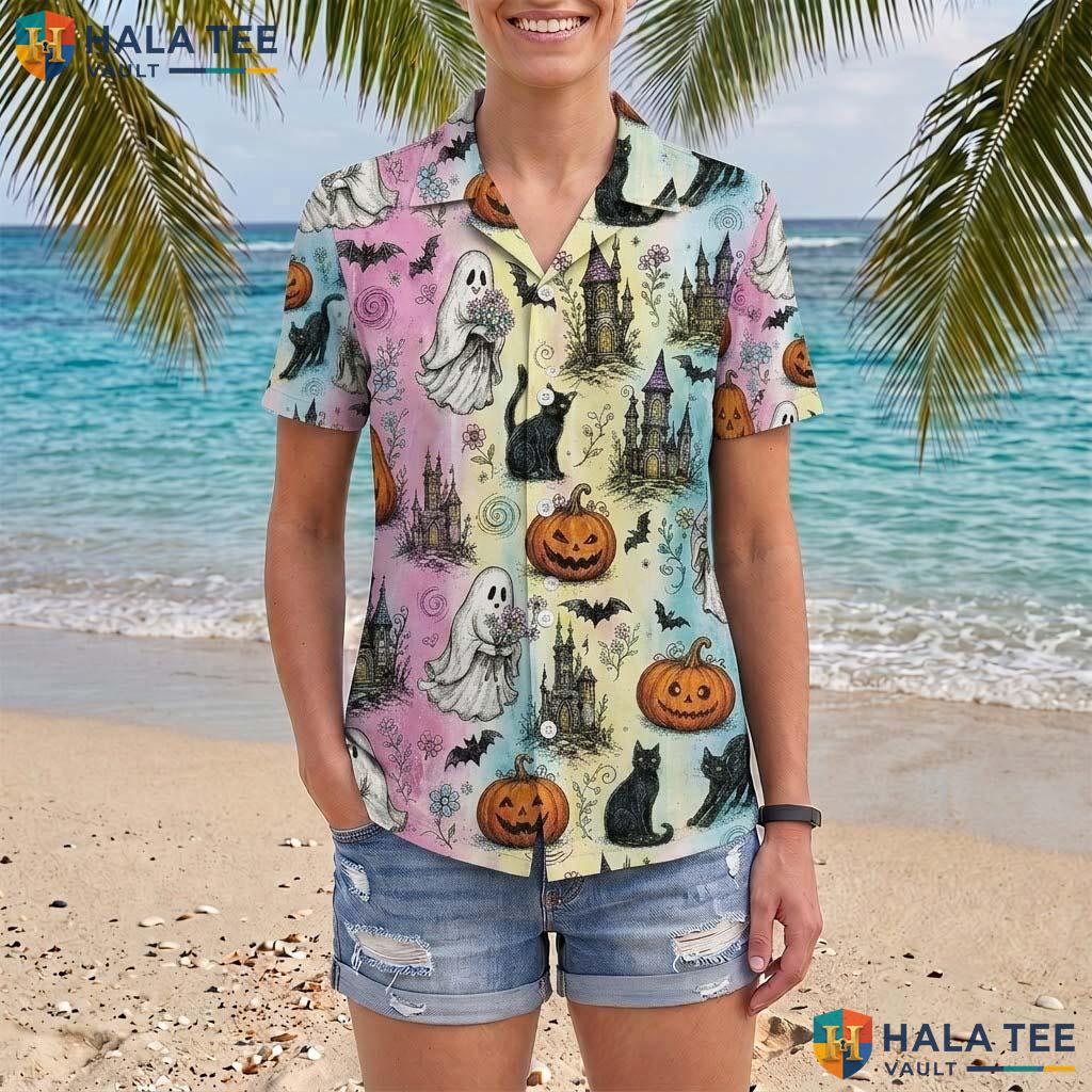 Pastel Castle Halloween Hawaiian Shirt Cute Spooky Pumpkin Cat Top Adult