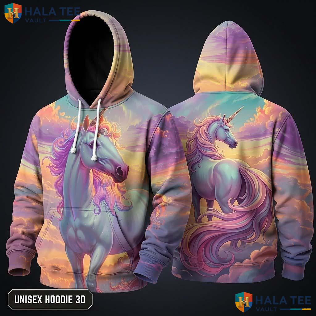 Pastel Cloud Unicorn 3D Hoodie Whimsical Magical Theme Graphic Apparel