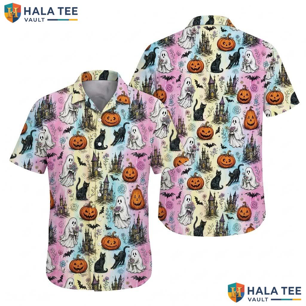 Pastel Ghost Halloween Hawaiian Shirt Pumpkin Cat Haunted Aloha Top