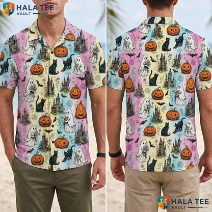 Pastel Ghost Halloween Hawaiian Shirt Pumpkin Cat Haunted Aloha Top Adult