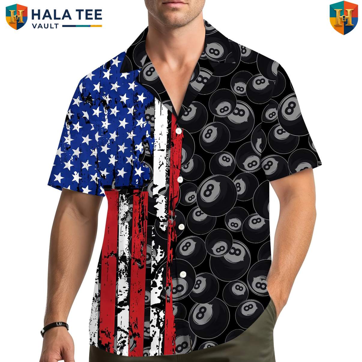 Patriotic 8 Ball Hawaiian Shirt Mens Black Billiards Fourth Of July Outfit