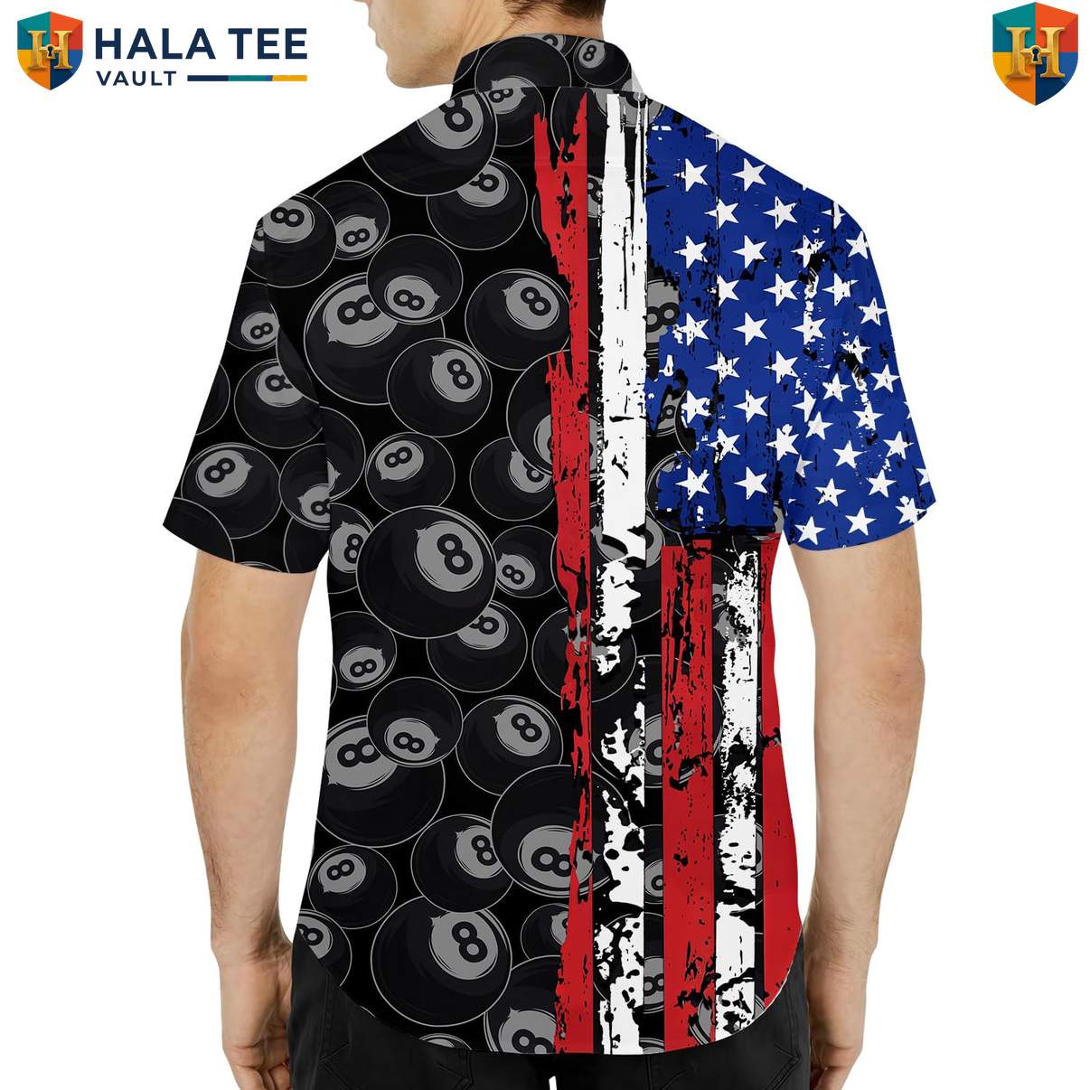 Patriotic 8 Ball Short-sleeve button-up shirt Mens Black Billiards Fourth Of July Outfit