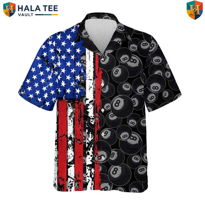Patriotic 8 Ball Aloha Shirt Mens Black Billiards Fourth Of July Outfit