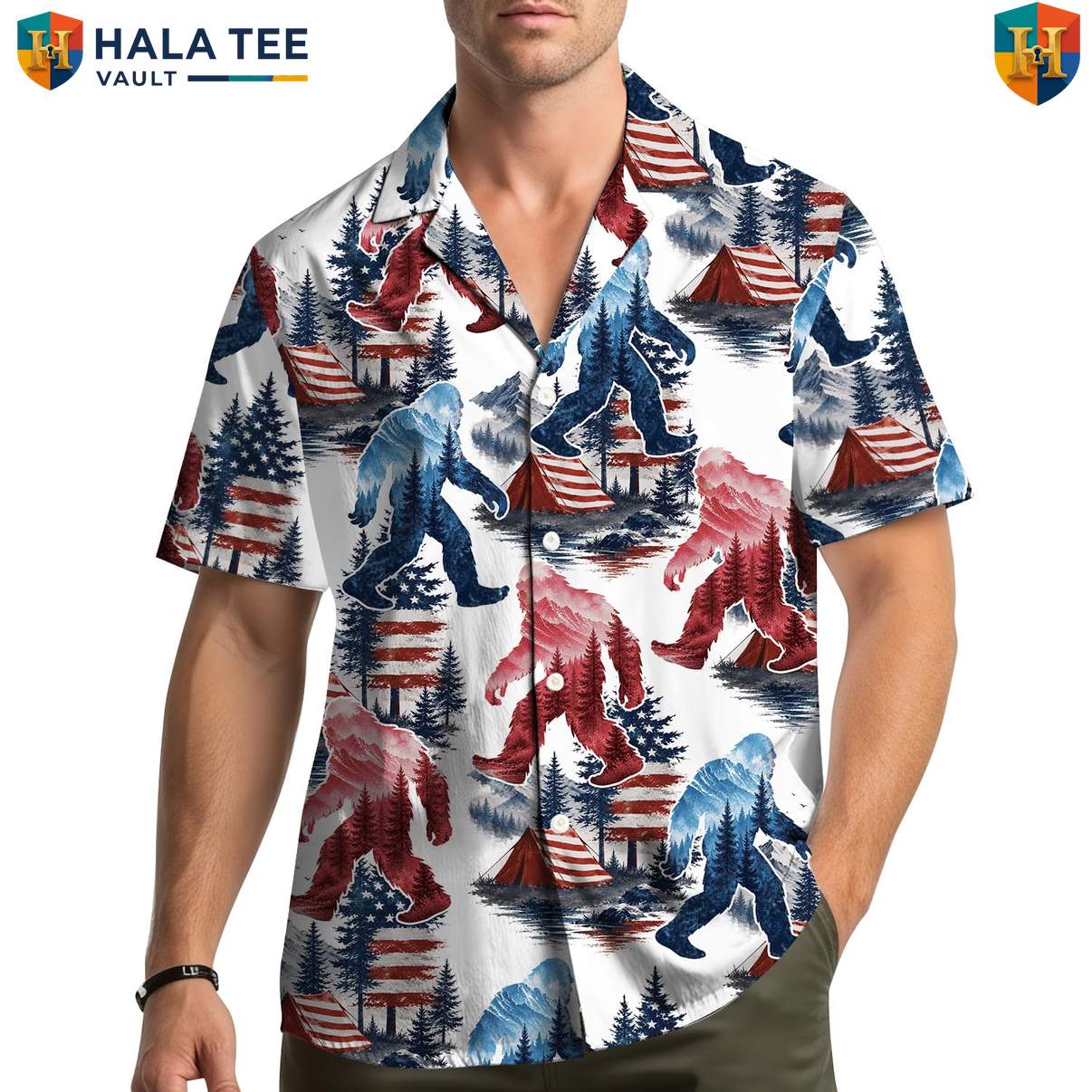 Patriotic Bigfoot USA Hawaiian Shirt Mens Sasquatch Fourth Of July Apparel
