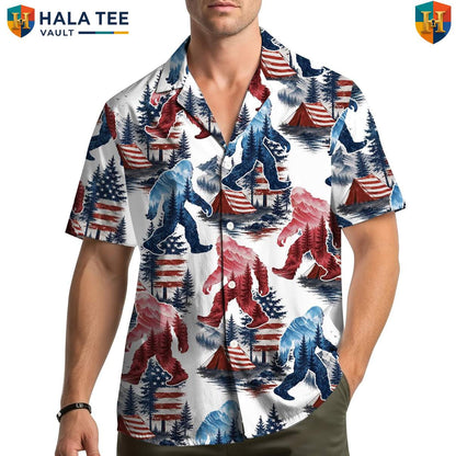 Patriotic Bigfoot USA Hawaiian Shirt Mens Sasquatch Fourth Of July Apparel