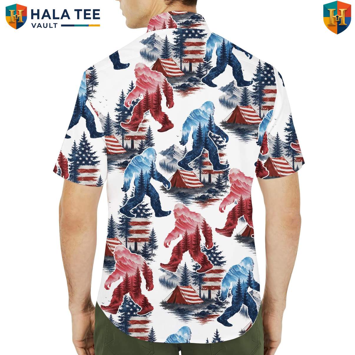 Patriotic Bigfoot USA Short-sleeve button-up shirt Mens Sasquatch Fourth Of July Apparel
